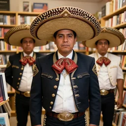 “a portrait of an alien mariachi band in a book store, Sigma 24mm f/8”