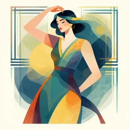 ( ( strong dither ) ), editorial illustration portrait a woman like reol, modern art deco, dynamic pose, colorful, ( ( mads berg ) ), christopher balaskas, victo ngai, detailed, dynamic composition, wide angle, moebius, matte print, volumetric, halftone texture, risograph
