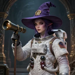 an anthropomorphic beautiful young alien wizard portrait holding a bonk made of telescope wearing astronaut suit in a dungeon, fine art, award winning, intricate, elegant, sharp focus, octane render, hyperrealistic, wizard hat cinematic lighting, highly detailed, digital painting, 8 k concept art, art by jamie hewlett and z. w. gu, masterpiece, trending on artstation, 8 k