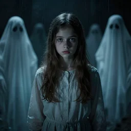 still of a young girl from a movie where only ghosts are real and people are just illusion, she will live only as long as you dream of her, insanely detailed, chiaroscuro, mid shot