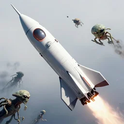 an octane 3 d render of a rocket flying though space being chased by aliens in the style of h. r. giger, 1 9 7 3 photo from life magazine, smooth, ultra detailed,