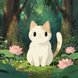 studio ghibli style illustration of a cat in woods, lotus flowers