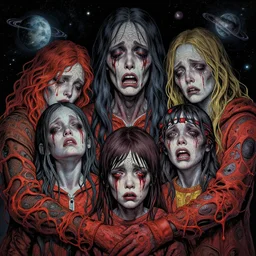 detailed image of a crying and creepy family in the deep space by richard corben, rich deep colors. masterpiece . intricate artwork, very coherent symmetrical artwork, cinematic, hyper realism, high detail, auschwitz camp,  octane render, unreal engine, 8k, Vibrant colors, Smooth gradients, High contrast, depth of field. by Katsuhiro Otomo, full body character drawing, inspired by Evangeleon, clean ink detailed line drawing, intricate detail, extremely detailed.