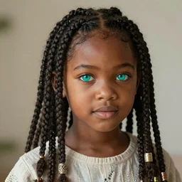 stunning portrait of one cute little african girl with a beautiful braid and dreamy teal eyes, highly detailed clothings and ornaments, smooth, well focused, volumetric soft lighting, artstation HD, 8K