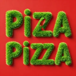 text pizza, word pizza, text font that looks like grass spells the word pizza on red background