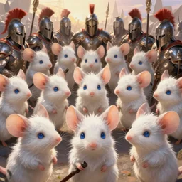 dungeons and dragons fantasy painting, close order phalanx of mice spartans, 3 0 0, whimsical and cute, determined expressions, watery blue eyes, anime inspired, white fur, tufty whiskers, dawn lighting, at thermopolae by brain froud jessica rossier and greg rutkowski