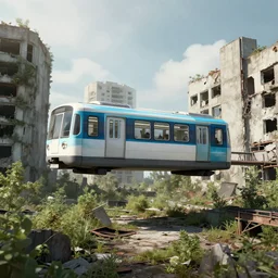 a floating metro flying through an overgrown abandoned city