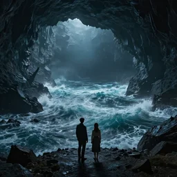 by oka yasutomo and anna dittmann, visually stunning, cinematic, ultra realistic, hyper realism, 1 2 k, epic, octane render, unreal engine, vfx, maya, a land on an unforgiving world of churning oceans and jagged coastlines, the darkness you can only experience underground, the most wonderful dream you ever had