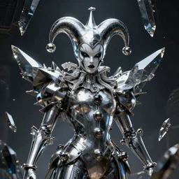 impressive ominous front!! shot photo of a court jester!! character fine portrait fine portrait mesmerizing visionary hyper cubes platinum anodized dark future dimensional galactic crystal shard edges elegant detailed intricate concept artstation sharp focus ray tracing cinematic masterpiece temporal corruption beeple wlop germ 8 4 k scifi glossy realistic illustration canon eos r 3 fujifilm x - t 3 0 sony alpha octane render