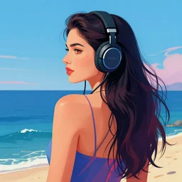 back view of a beautiful woman with long hair and a confident expression looking at the sea, wearing headphones, vivid colors, art by Artgerm and Marco Bucci