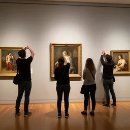 a group of people destroying a museum art show