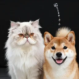Close up portrait of a persian cat mixed with a shiba inu, award winning photograph, 50 mm lens and f/12.0, fast shutter speed of water floating in the air