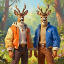 a portrait painting of two male roe deer in clothes ， humanoid, anthropomorphic, personify, trending on artstation by wenjun lin, irakli nadar, bright colors, octopath traveler, wenjun lin, unreal engine 5 highly rendered, global illumination, radiant light, detailed and intricate environment