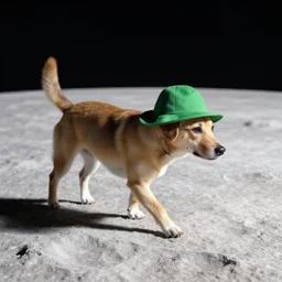 a dog walking on the surface of the moon. the dog is wearing a green hat.