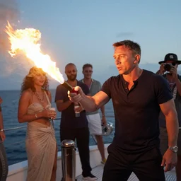party on a yatch with daniel craig with flamethrower