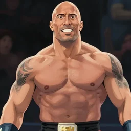 studio ghibli style close up shot of dwayne johnson as the rock at wrestlemania.