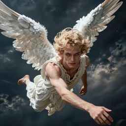 a beautiful handsome fair pale blue eyed blonde male angel falls to sin with evil in his eyes. frantic poses. dynamic pose. lost. despair. epic. surrealism. dramatic lighting. epic cinematic. ultra wideshot. worm's eye view. rhads. bussiere. shigenori soejima.
