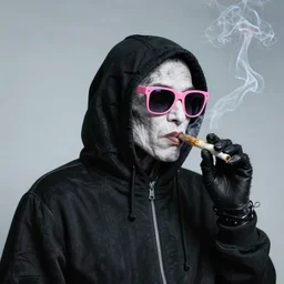 photograph of the Grimm Reaper smoking a joint wearing pink sunglasses