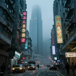 a cyberpunk street in hong kong, misty evening, fantasy art, highly detailed matte painting, low angle view, telephoto lens 2 0 0 mm, by stanley artgerm lau, greg rutkowski, thomas kinkade, alphonse mucha, loish, norman rockwell, artstation