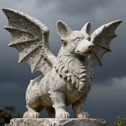 corgi gargoyle with wings made of stone, uncropped, photography
