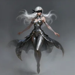a highly detailed illustration of white haired pale lady wearing black blindfold and metal dress, dramatic floating pose, intricate, elegant, highly detailed, centered, digital painting, artstation, concept art, smooth, sharp focus, league of legends concept art, wlop
