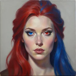 A detailed matte oil on canvas head on symmetrical portrait of a distinguished elven woman with a blue eye and a red eye, and red and blue hair (((((makeup))))) by Charlie bowater and lise deharme wlop, trending on artstationhd,  dungeons and dragons art critical role
