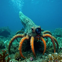 underwater sea monster, 35mm camera, teal and orange, horror