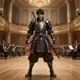 photoreal professional character concept art, physically based octane render of a musicpunk samurai, wearing epic level 99 armour :: cinematic action posing, full view, epic, centered composition, beautiful, a vast orchestra chamber hall in the background