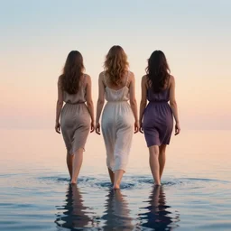 women walk - in on water like photoshop cover, soft gradian color background, deep detailed photo, artistic view