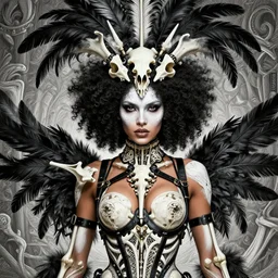 a single fierce looking beautiful young woman with afro hair and symmetrical white makeup, black leather straps, wearing intricate bodysuit and headdress made from white bones and black feathers, hyperdetailed illustration by irakli nadar and alexandre ferra, intricate linework, in the style of a national geographic portrait, unreal engine 5 highly rendered, global illumination, radiant light, detailed and intricate environment