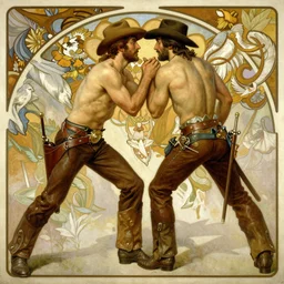 a homoerotic painting by gaston bussiere, craig mullins, alphonse mucha j. c. leyendecker of two cowboy duelists in love | shirtless, leather clothing, bandoliers | natural lighting, path traced, highly detailed, high quality, digital painting, trending on artstation