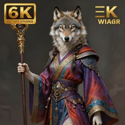 an anthropomorphic beautiful wolf female wizard holding a staff wearing colourful robe, fine art, award winning, intricate, elegant, sharp focus, octane render, hyperrealistic, cinematic lighting, highly detailed, digital painting, 8 k concept art, art by jamie hewlett and z. w. gu, masterpiece, trending on artstation, 8 k