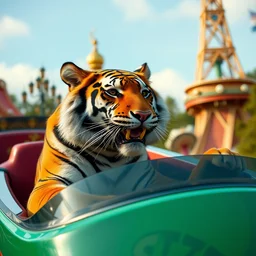 film still of a tiger riding a roller coaster in disneyland paris, 8 k
