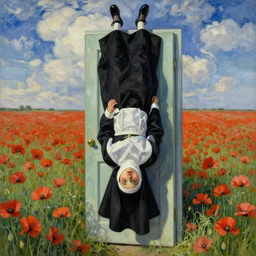 veiling nun at poppy field door in the sky tree upside down by beksinski van gog hyperrealism detailed masterpiece doomy