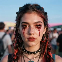 perfectly centered portrait photograph of coachella influencer with blood coming out of her eyes by zdzislaw beksinski, detailed, ambient lighting, hyper realistic, pop art style, artstation, featured on z brush, 3 5 mm film grain