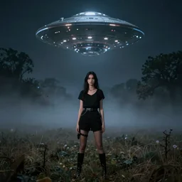 portrait of a girl standing in foggy field at night, alien space ship ufo hovering above trees