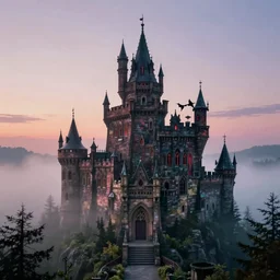 a highly detailed photo of a vampire castle surrounded by a mist shot during twilight on 3 0 mm film painted by alena aenami, rendered in unreal engine