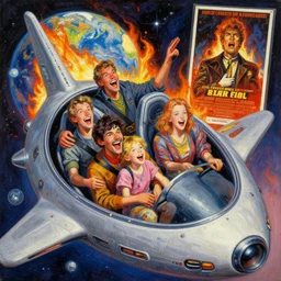 a picture of a laughing family in a alien space ship, a detailed action painting by mort kunstler, pixiv, kitsch movement, burning earth! in background, movie poster, official art