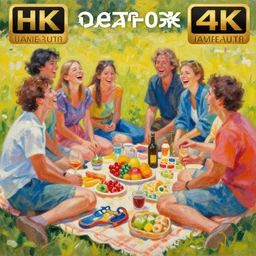 an beautiful detailed painting of a personal moment in the life of the artist. the painting depicts the artist's family members and friends enjoying a picnic together. vibrant colors, funny, personal, positive, visually pleasing, engaging. high resolution. high quality. photorealistic. hq hd. 8 k. trending on artstation. group of friends laughing. award winning