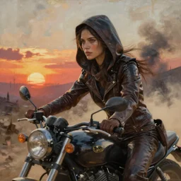 extremely detailed hyperrealistic oil painting, close - up of a woman dressed in leather with a hood riding a motorcycle, post apocalyptic landscape, sunset, lots of dust and smoke clouds, rule of thirds by kim jung gi