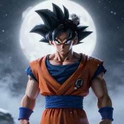 full shot of angry darkness goku super saiyan at moonlight, snowing, detailed, unreal engine 4k volumetric light, fog,