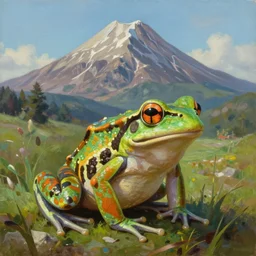 a brightly - colored frog, a single huge mountain in the background, extremely detailed oil painting, unreal 5 render, rhads, sargent and leyendecker, savrasov levitan polenov, bruce pennington, studio ghibli, tim hildebrandt, digital art, landscape painting, octane render, beautiful composition, trending on artstation, award winning photograph, masterpiece