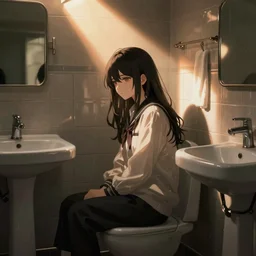 girl sitting in the school bathroom - dramatic cozy portrait art by wlop and okuda genso. featured on pixiv, anime aesthetic. pixiv, warm aesthetic, rays of light, volumetric light, artstation, vanitas, official art, gothic, noise film photo. octane render, redshift render, ue 4
