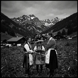 tyrolean and alpine folklore, 1 9 2 0 analog photography, black and white, grainy, dark