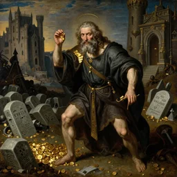 The great manipulator of mankind who consider himself as god but thinks only about gold in his old dystopian castle full of graves by Desiderio Monsu and Pieter Bruegel, highly detailed oil painting, 4k, masterpiece