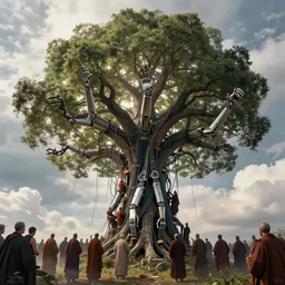 biomechanical arms and legs growing out of a tree, many telephone cables connected, intricate details, finger branches, backlit, clouds, a crowd of robed worshipers, people climbing the tree, concept art, by greg rutkowski