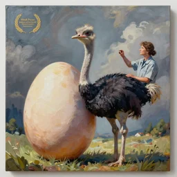 Researcher measures an ostrich egg, fantasy, acrylic painting