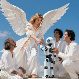 a beautiful angel helping a young robot by dan mumford and alberto vargas and josan gonzalez and gil elvgren, vibrant, white outfit, orange details, blue sky