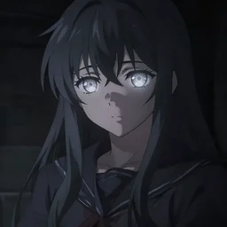 a woman with glowing gray cat eyes shining in the darkness and a reserved demeanor. Anime magical girl