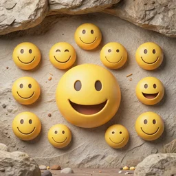 smiley face emojis on cave wall, digital image, 8k